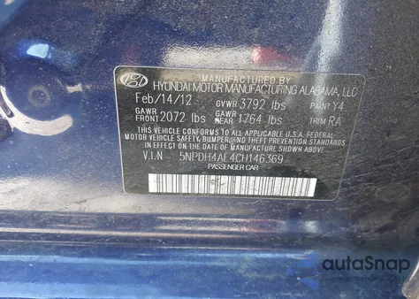 2012 Hyundai Elantra Limited z USA, uszkodzony, nr VIN 5NPDH4AE4CH146369